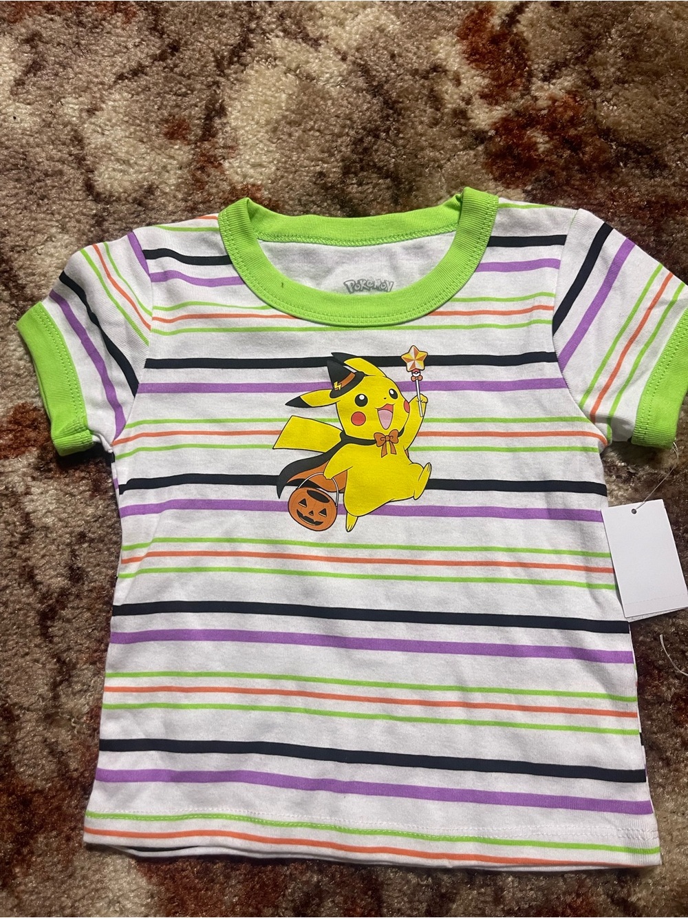 Pokemon Lime Green & White Pikachu Halloween Striped Tee
